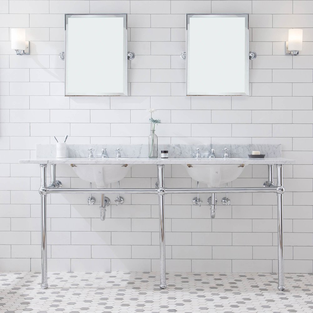 72 In. W. Double Wash Stand, P-Trap, Carrara White Marble Countertop. Picture 2