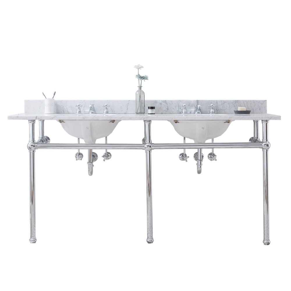 72 In. W. Double Wash Stand, P-Trap, Carrara White Marble Countertop. Picture 1