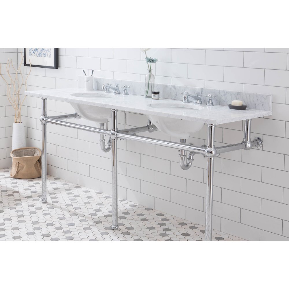 72 In. W. Double Wash Stand, P-Trap, Carrara White Marble Countertop. Picture 4