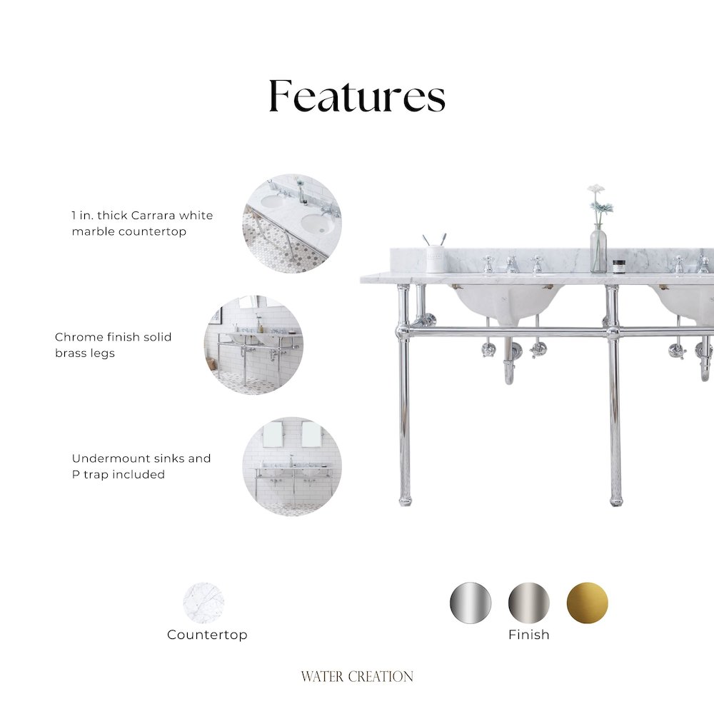 72 In. W. Double Wash Stand, P-Trap, Carrara White Marble Countertop. Picture 9