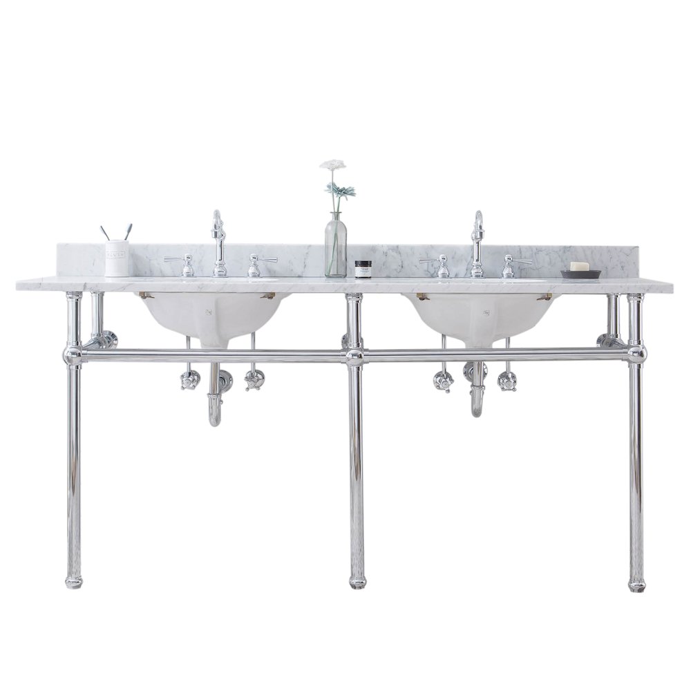 72 In. W. Double Wash Stand, P-Trap, Carrara White Marble Countertop. Picture 1