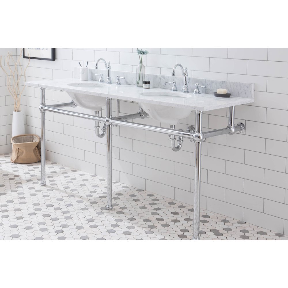 72 In. W. Double Wash Stand, P-Trap, Carrara White Marble Countertop. Picture 4
