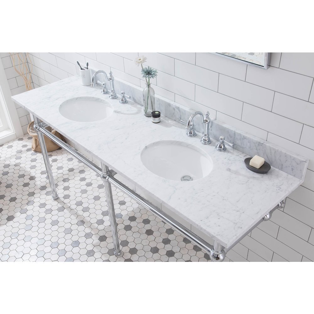72 In. W. Double Wash Stand, P-Trap, Carrara White Marble Countertop. Picture 5