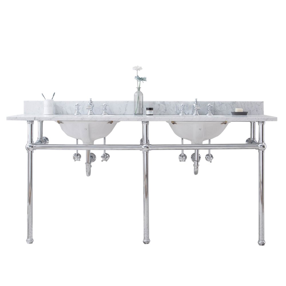 72 In. W. Double Wash Stand, P-Trap, Carrara White Marble Countertop. Picture 1