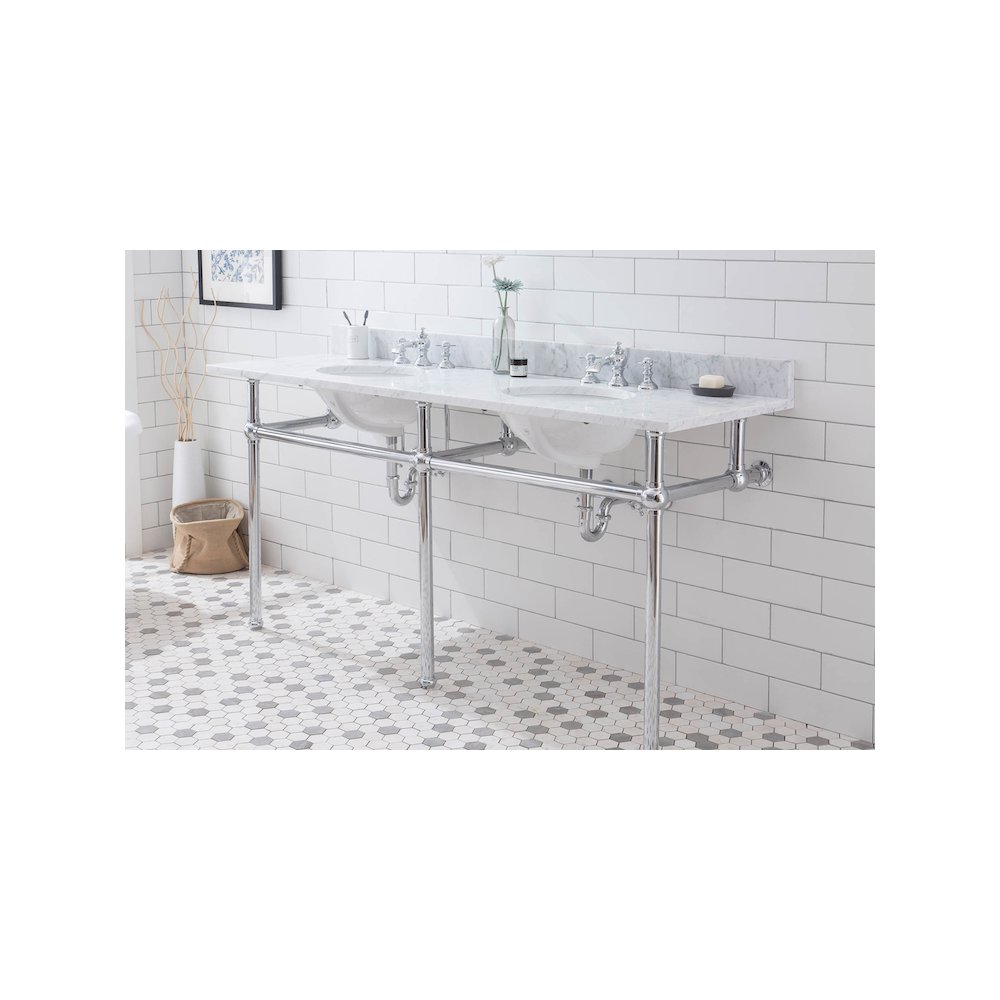 72 In. W. Double Wash Stand, P-Trap, Carrara White Marble Countertop. Picture 4