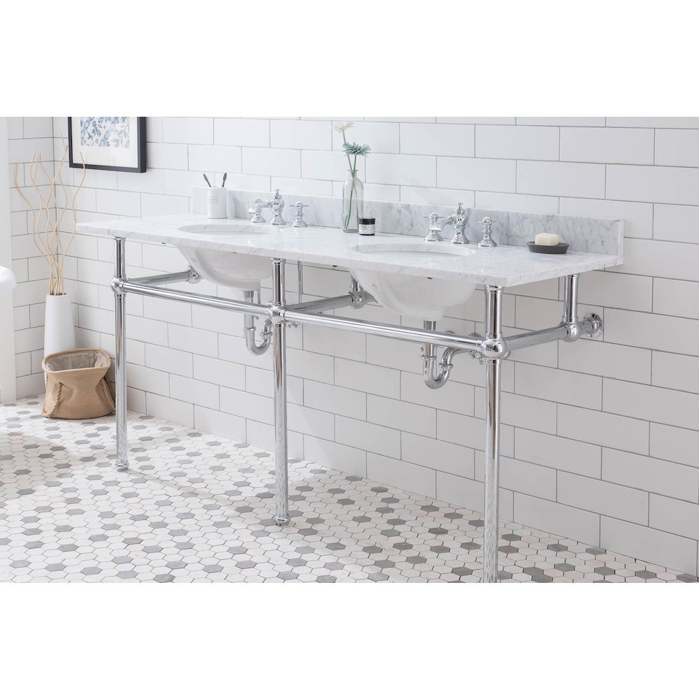 72 In. W. Double Wash Stand, P-Trap, Carrara White Marble Countertop. Picture 4