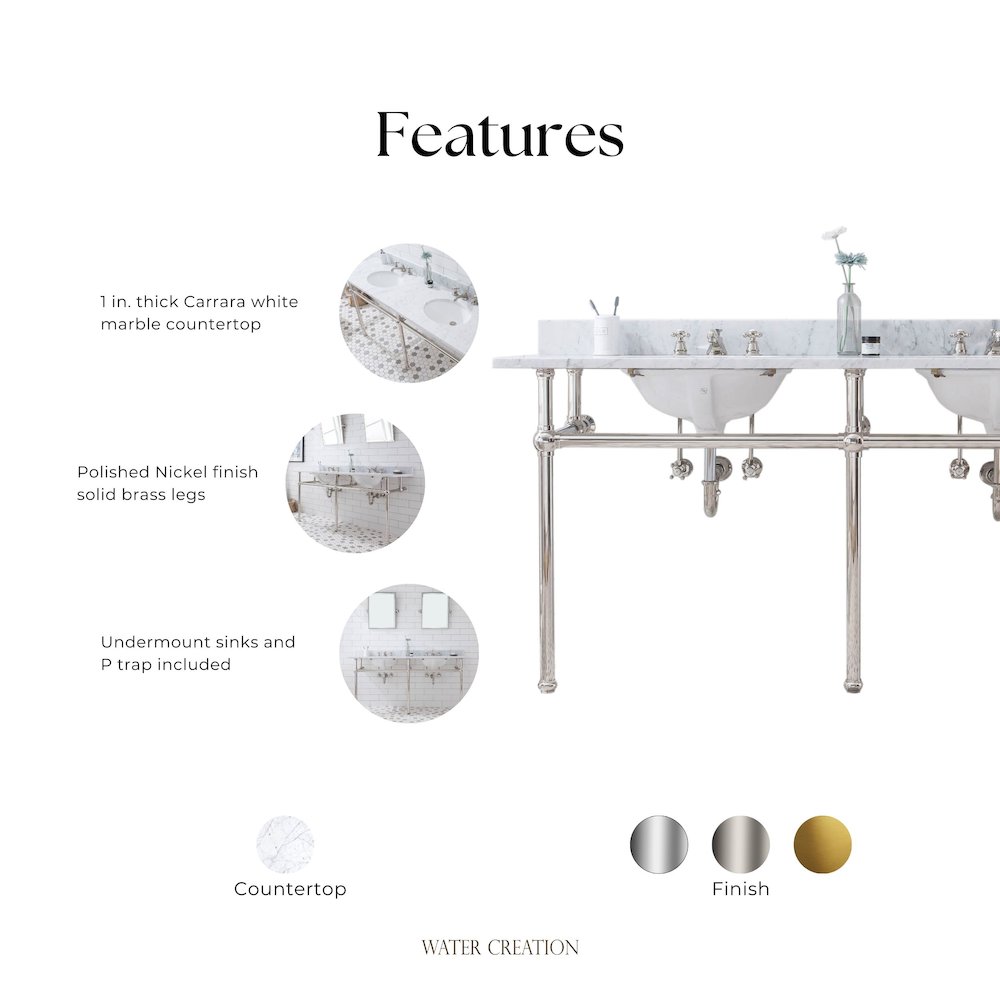 72 In. W. Double Wash Stand, P-Trap, Carrara White Marble Countertop. Picture 7