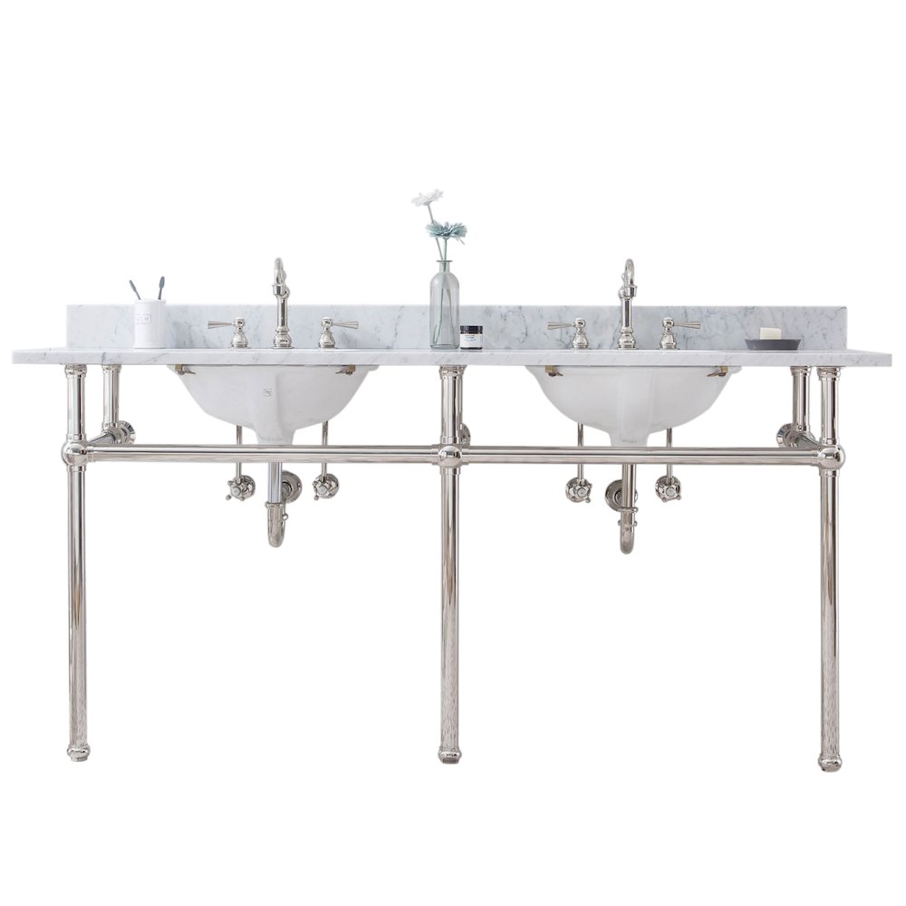 72 In. W. Double Wash Stand, P-Trap, Carrara White Marble Countertop. Picture 1
