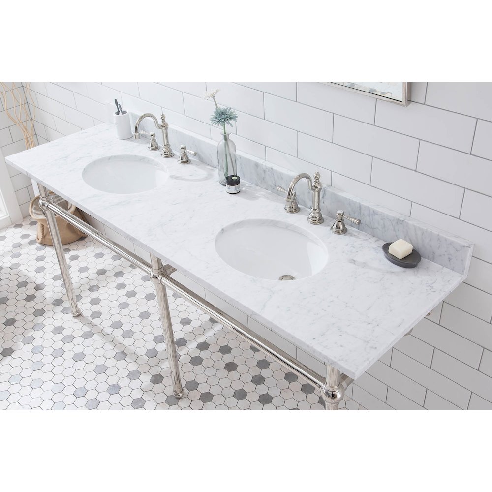 72 In. W. Double Wash Stand, P-Trap, Carrara White Marble Countertop. Picture 4
