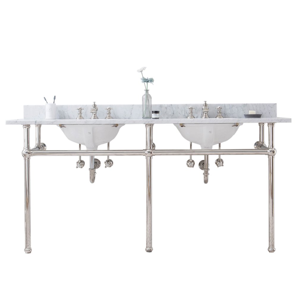 72 In. W. Double Wash Stand, P-Trap, Carrara White Marble Countertop. Picture 1