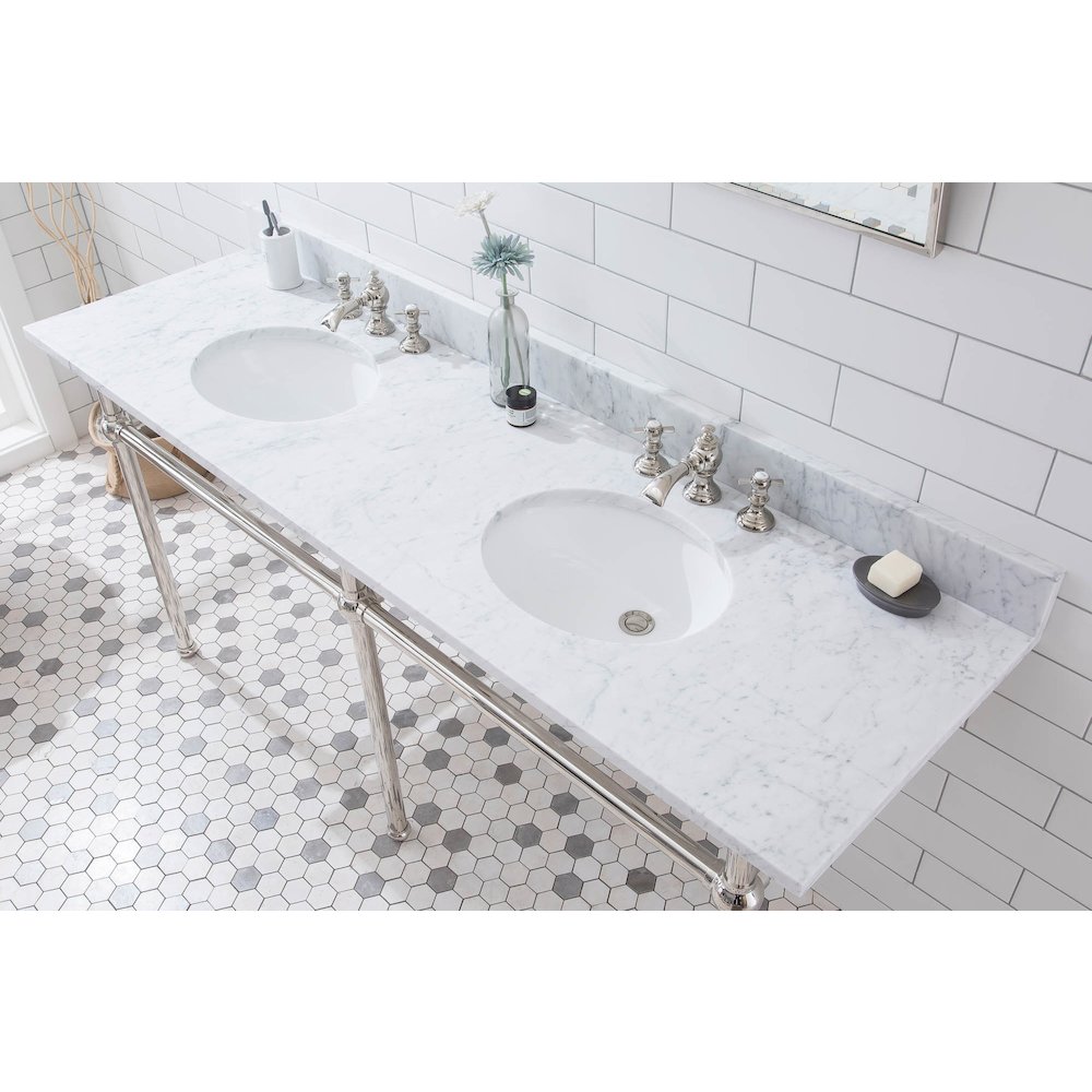 72 In. W. Double Wash Stand, P-Trap, Carrara White Marble Countertop. Picture 4