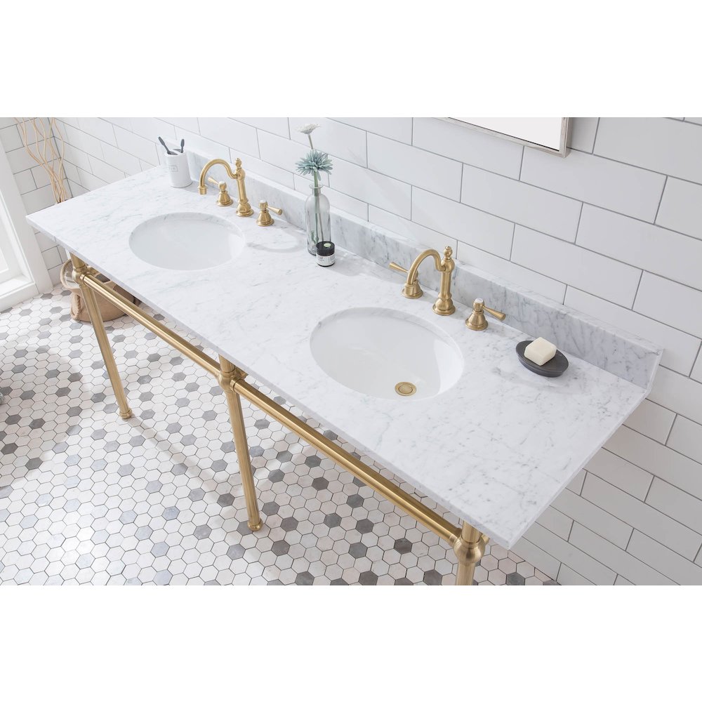 72 In. W. Double Wash Stand, P-Trap, Carrara White Marble Countertop. Picture 4