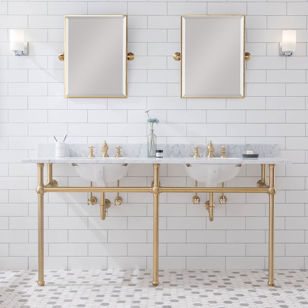 72 In. W. Double Wash Stand, P-Trap, Carrara White Marble Countertop. Picture 2