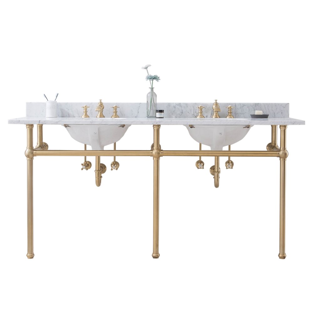 72 In. W. Double Wash Stand, P-Trap, Carrara White Marble Countertop. Picture 1