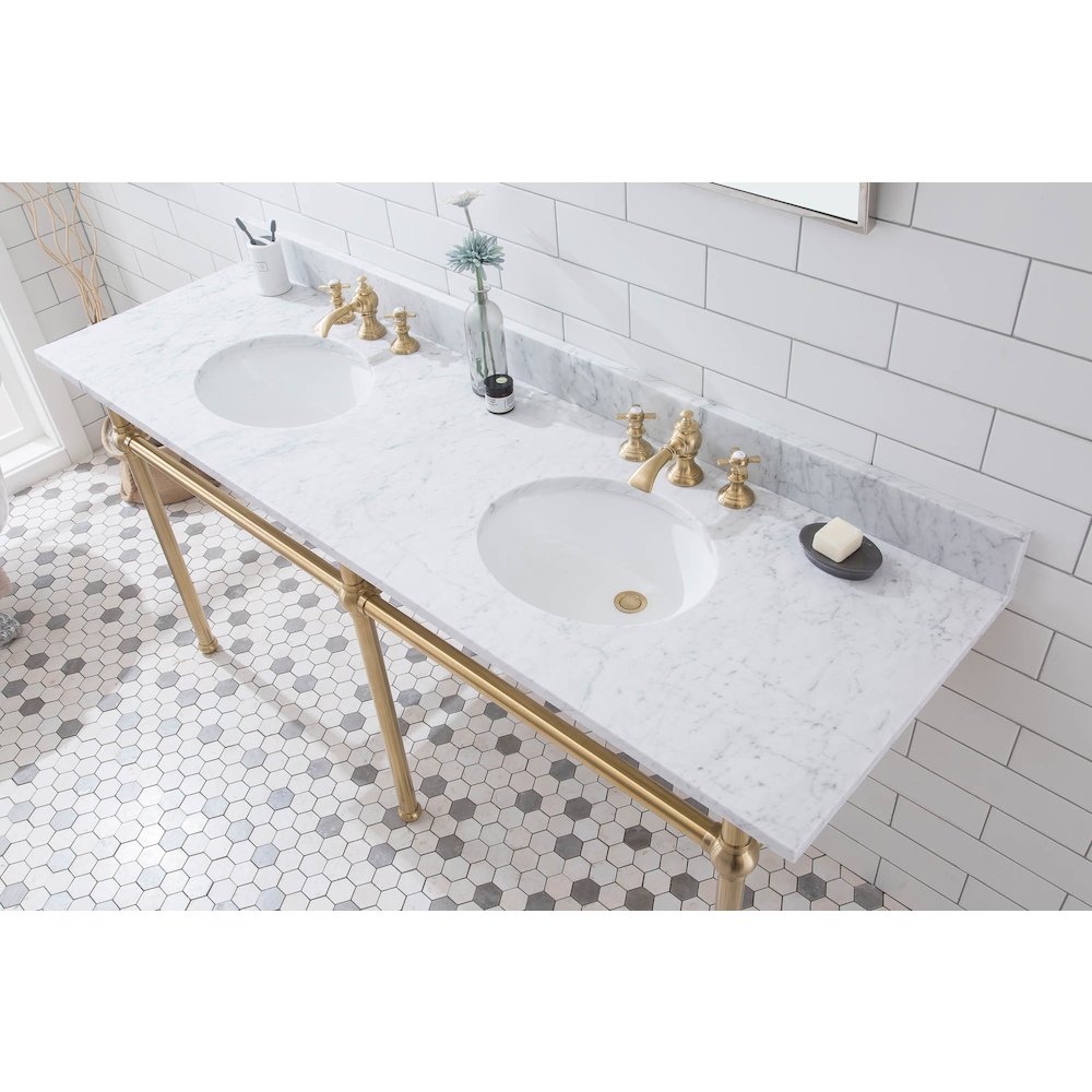 72 In. W. Double Wash Stand, P-Trap, Carrara White Marble Countertop. Picture 4