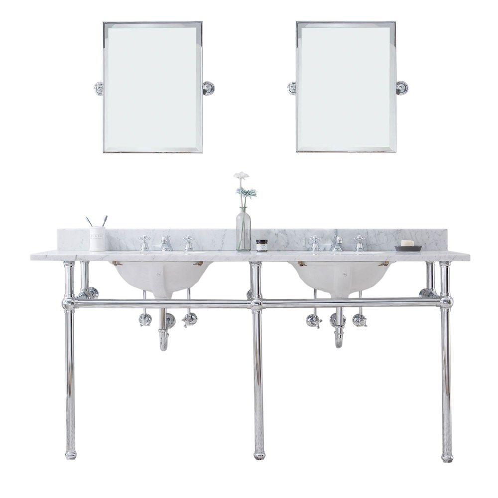 72 In. W. Double Wash Stand, P-Trap, Carrara White Marble Countertop. Picture 1