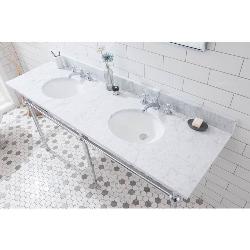 72 In. W. Double Wash Stand, P-Trap, Carrara White Marble Countertop. Picture 4