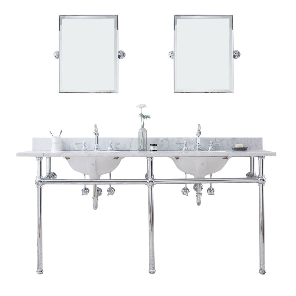 72 In. W. Double Wash Stand, P-Trap, Carrara White Marble Countertop. Picture 1