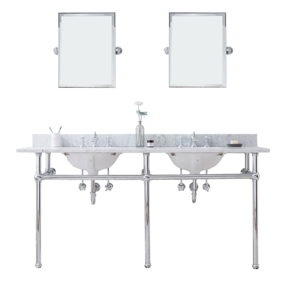 72 In. W. Double Wash Stand, P-Trap, Carrara White Marble Countertop. Picture 1