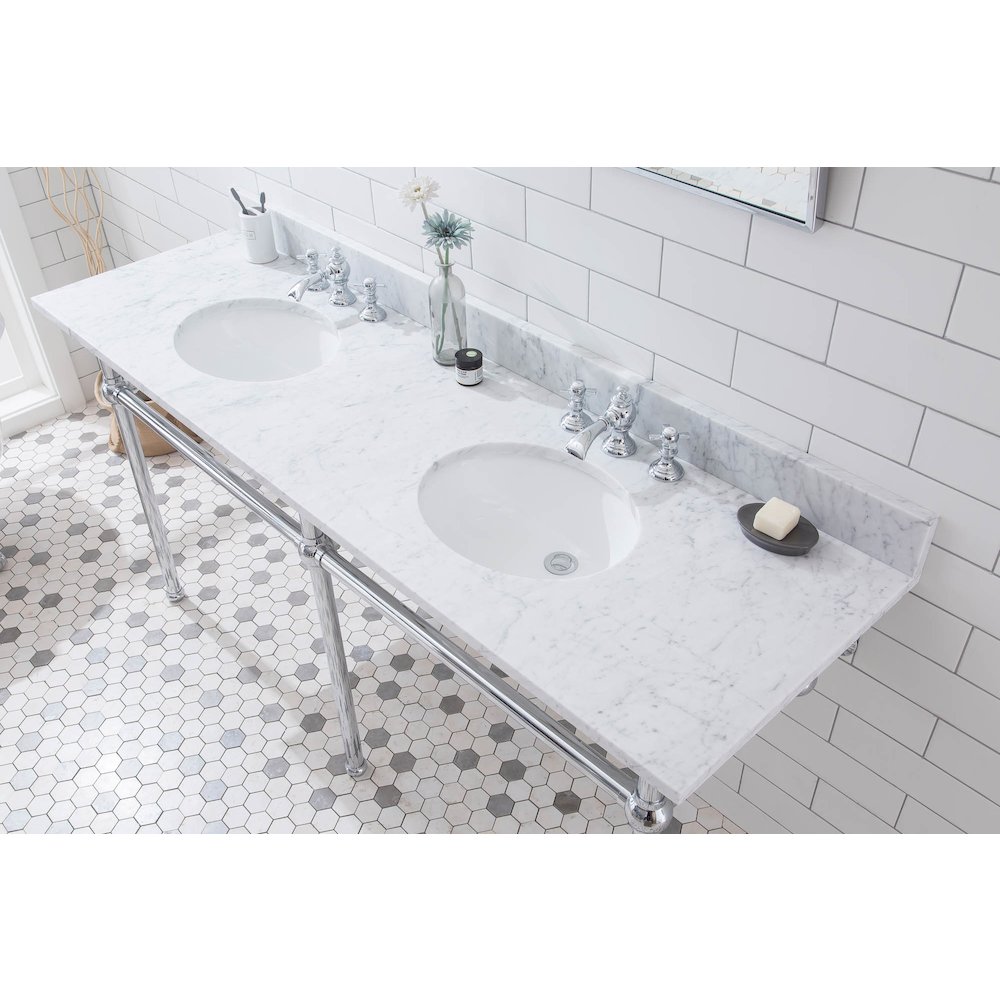 72 In. W. Double Wash Stand, P-Trap, Carrara White Marble Countertop. Picture 4