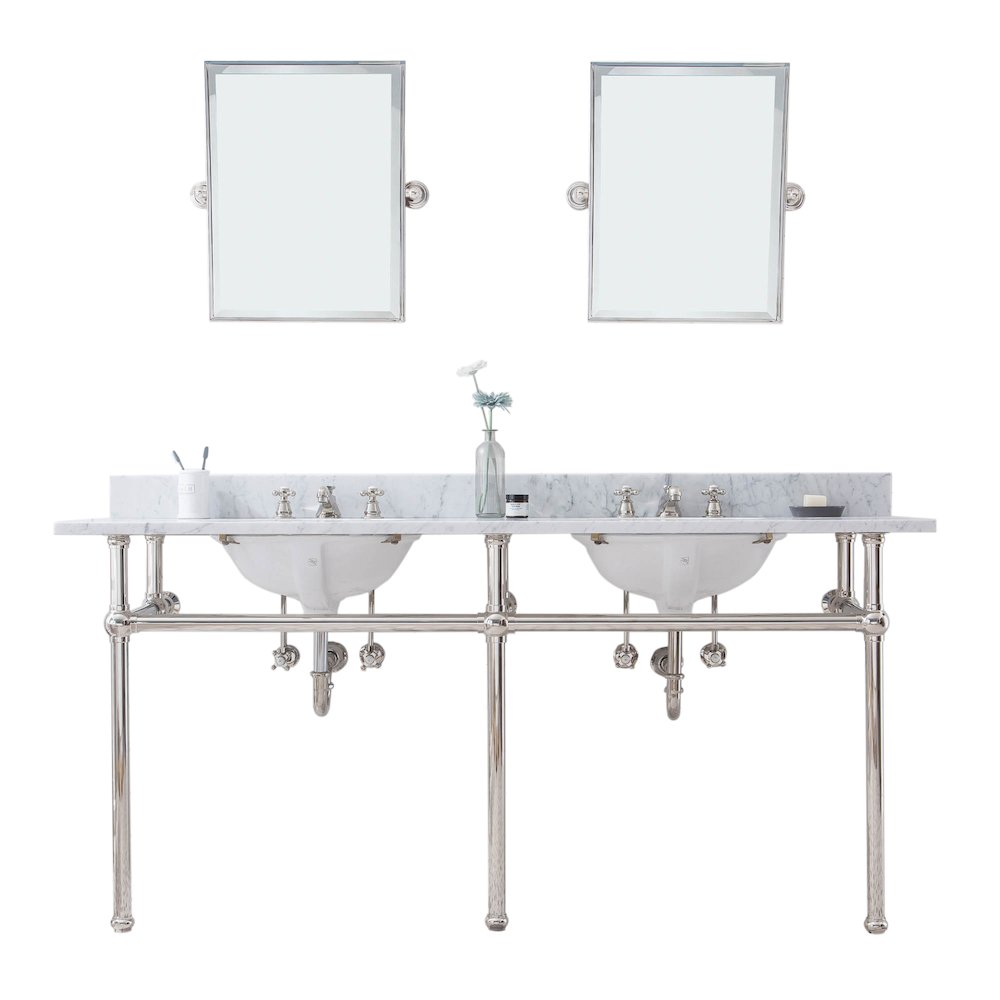 72 In. W. Double Wash Stand, P-Trap, Carrara White Marble Countertop. Picture 1