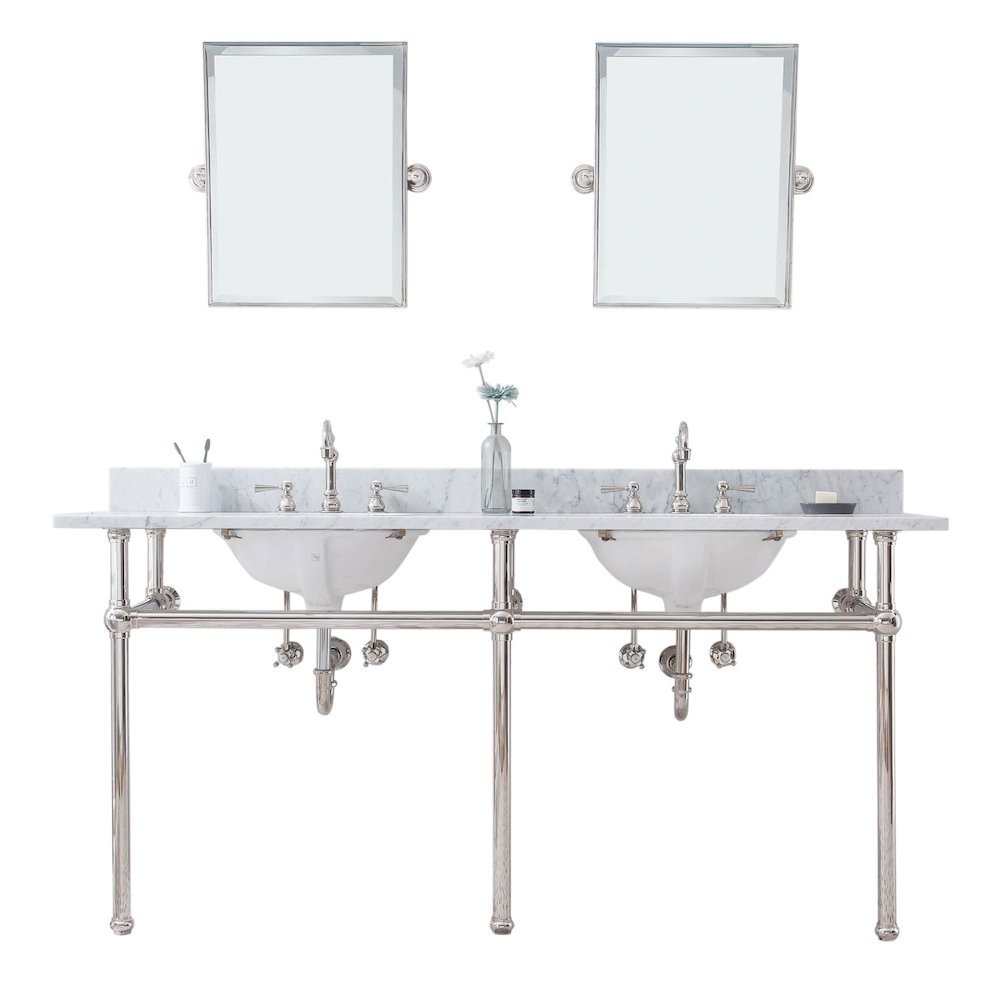 72 In. W. Double Wash Stand, P-Trap, Carrara White Marble Countertop. Picture 1