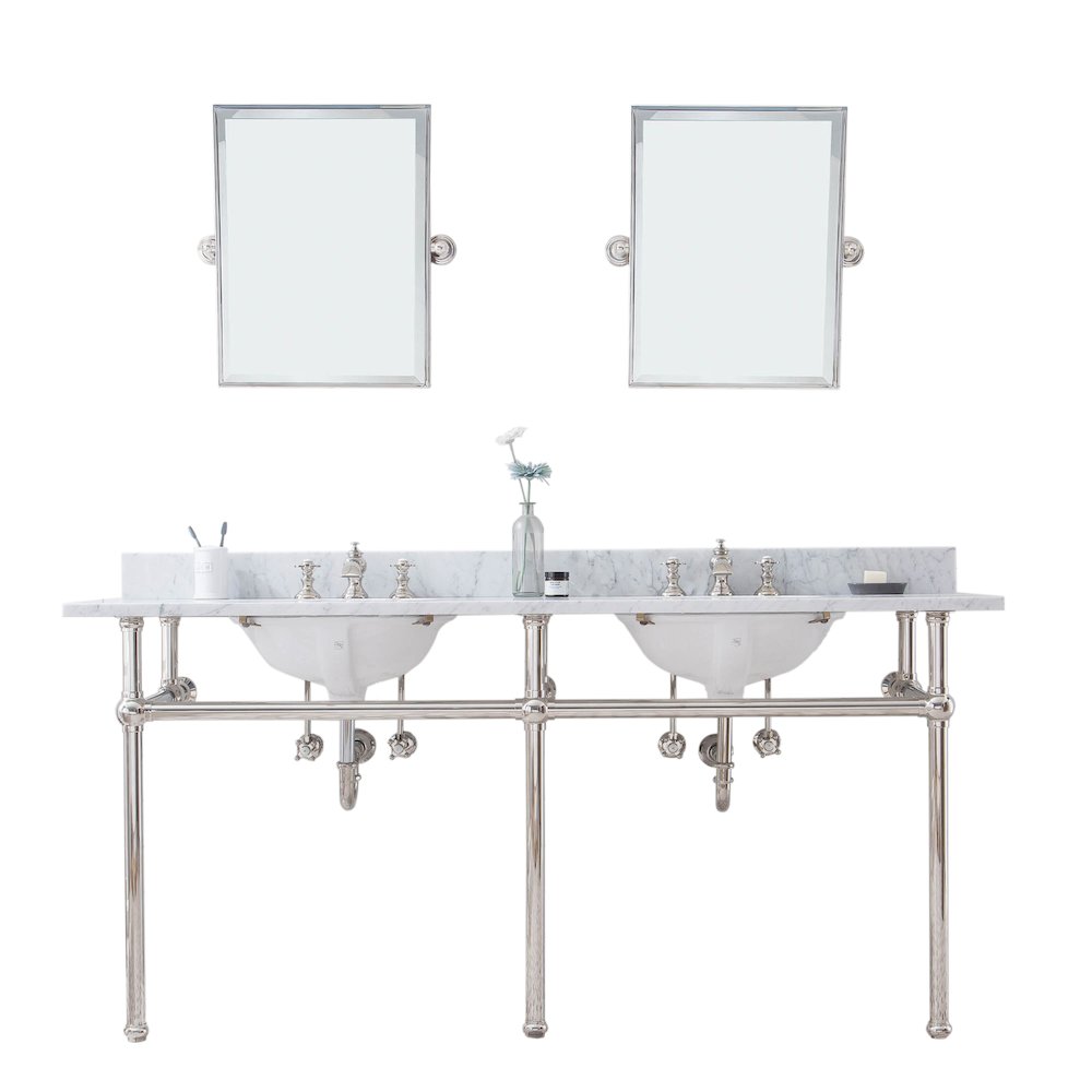 72 In. W. Double Wash Stand, P-Trap, Carrara White Marble Countertop. Picture 1
