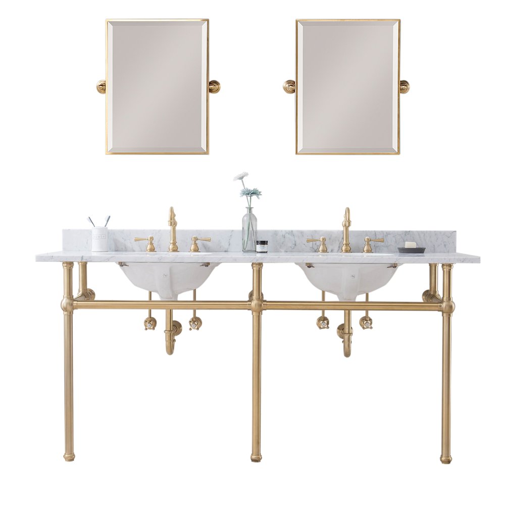 72 In. W. Double Wash Stand, P-Trap, Carrara White Marble Countertop. Picture 1