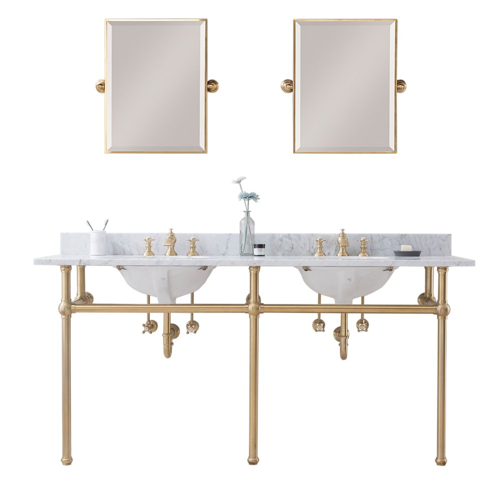 72 In. W. Double Wash Stand, P-Trap, Carrara White Marble Countertop. Picture 1