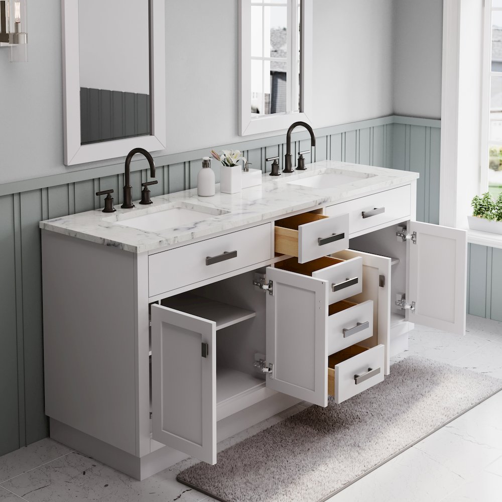 Hartford 72 In. Double Sink Carrara White Marble Countertop Bath Vanity. Picture 4