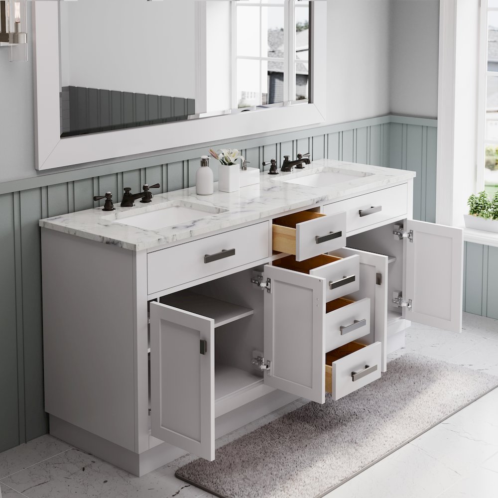 Hartford 72 In. Double Sink Carrara White Marble Countertop Bath Vanity. Picture 4