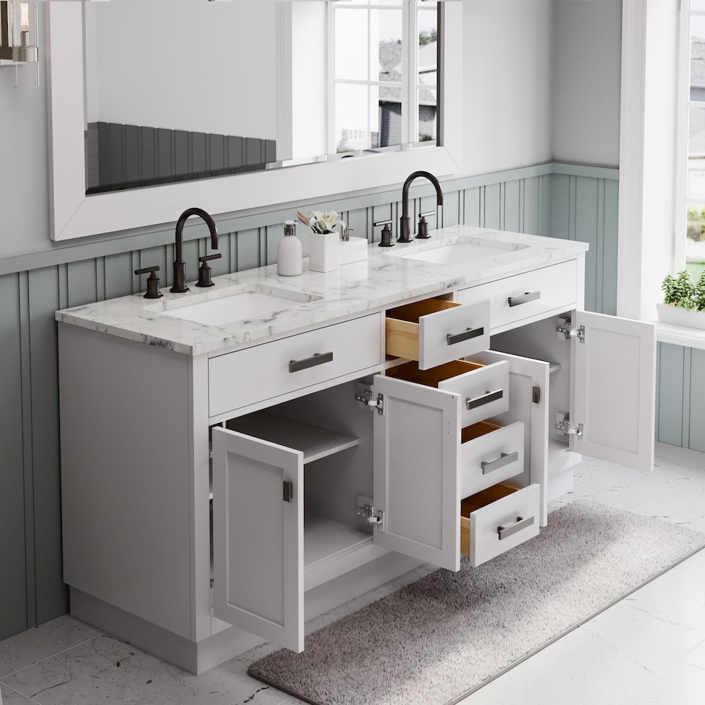 Hartford 72 In. Double Sink Carrara White Marble Countertop Bath Vanity. Picture 4