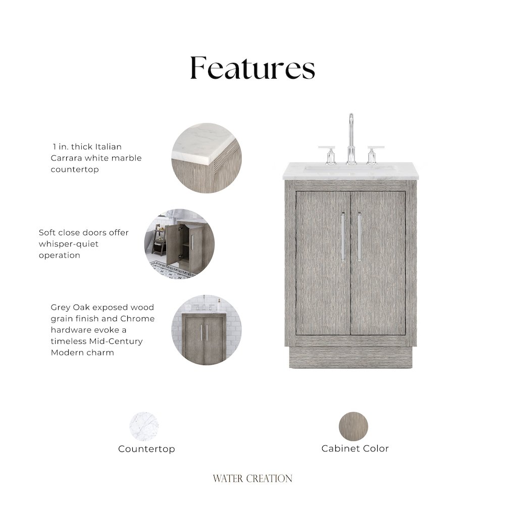 Hugo 24 In. Single Sink Carrara White Marble Countertop Bath Vanity in Grey Oak. Picture 11