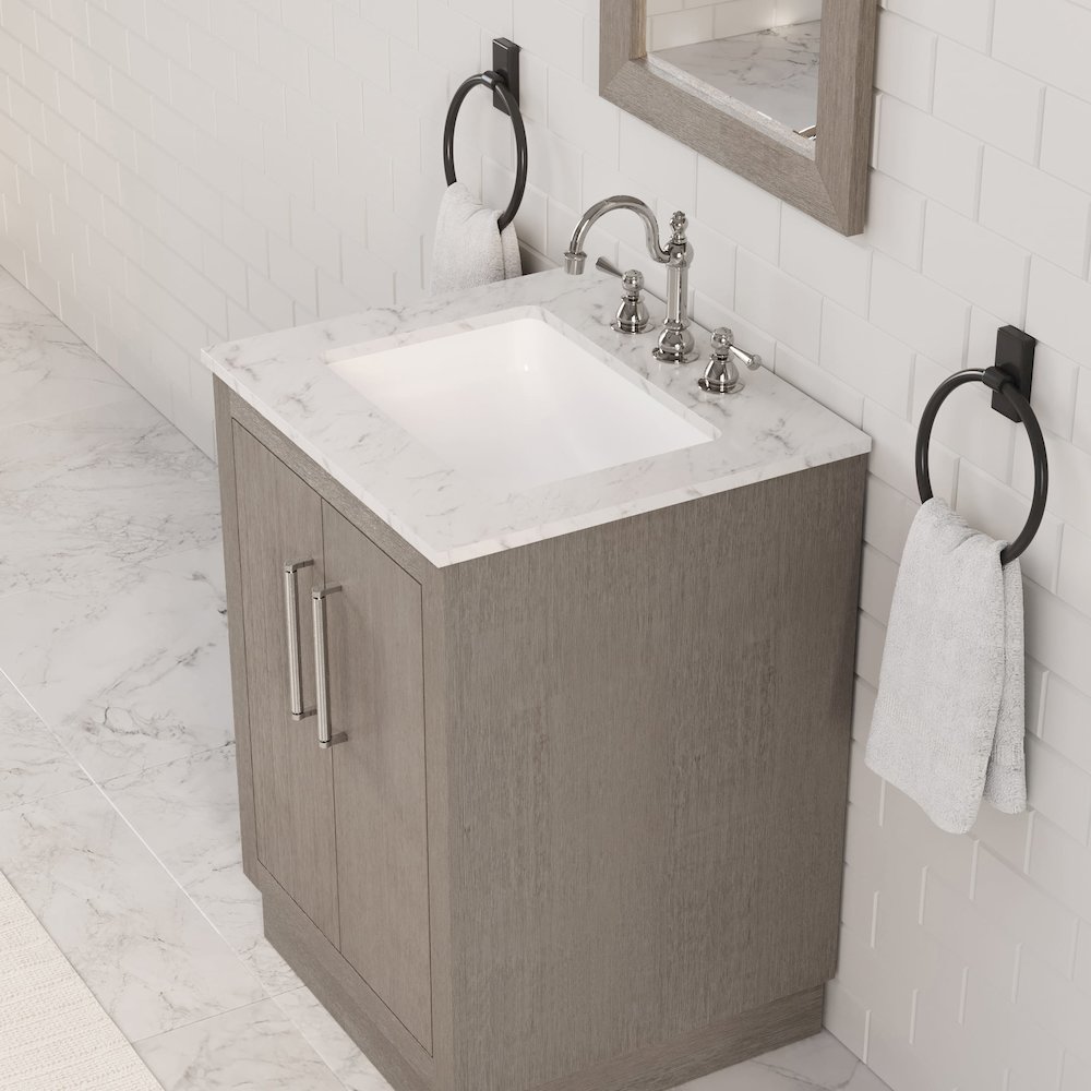 Hugo 24 In. Single Sink Carrara White Marble Countertop Bath Vanity in Grey Oak. Picture 10