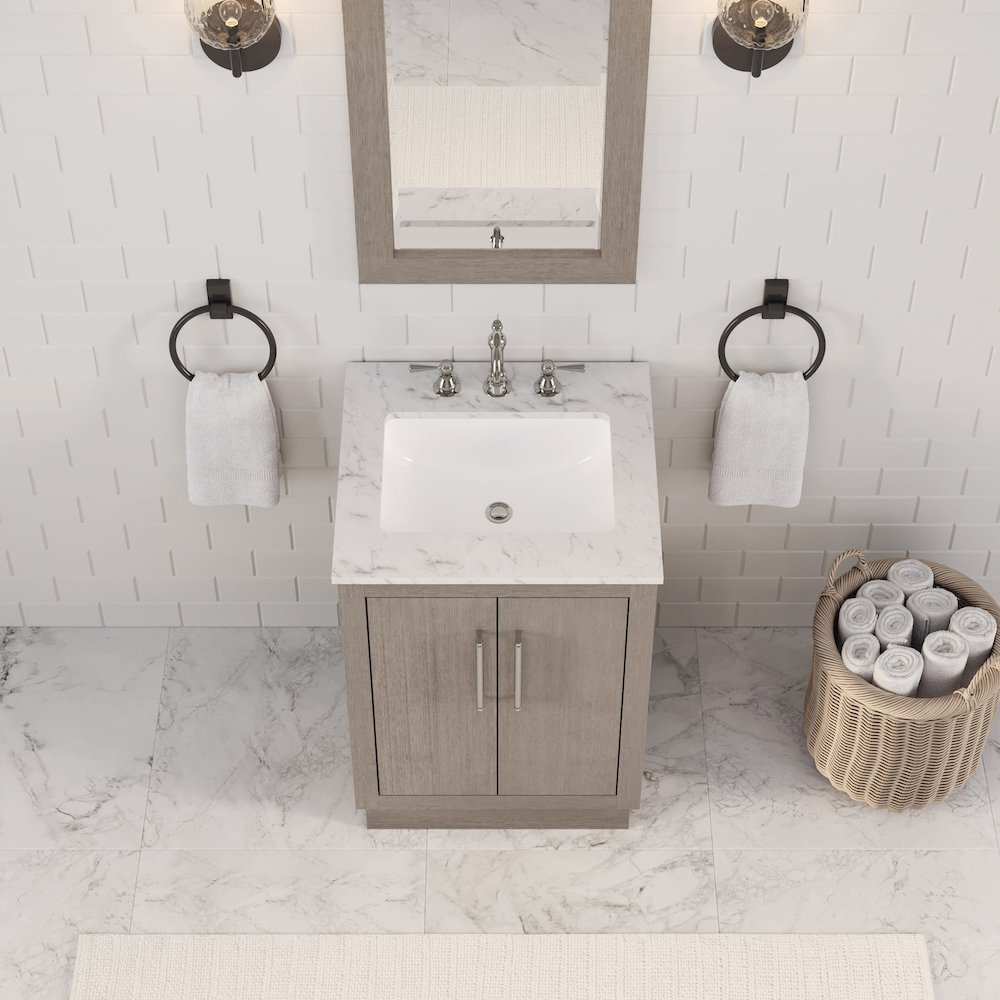 Hugo 24 In. Single Sink Carrara White Marble Countertop Bath Vanity in Grey Oak. Picture 11