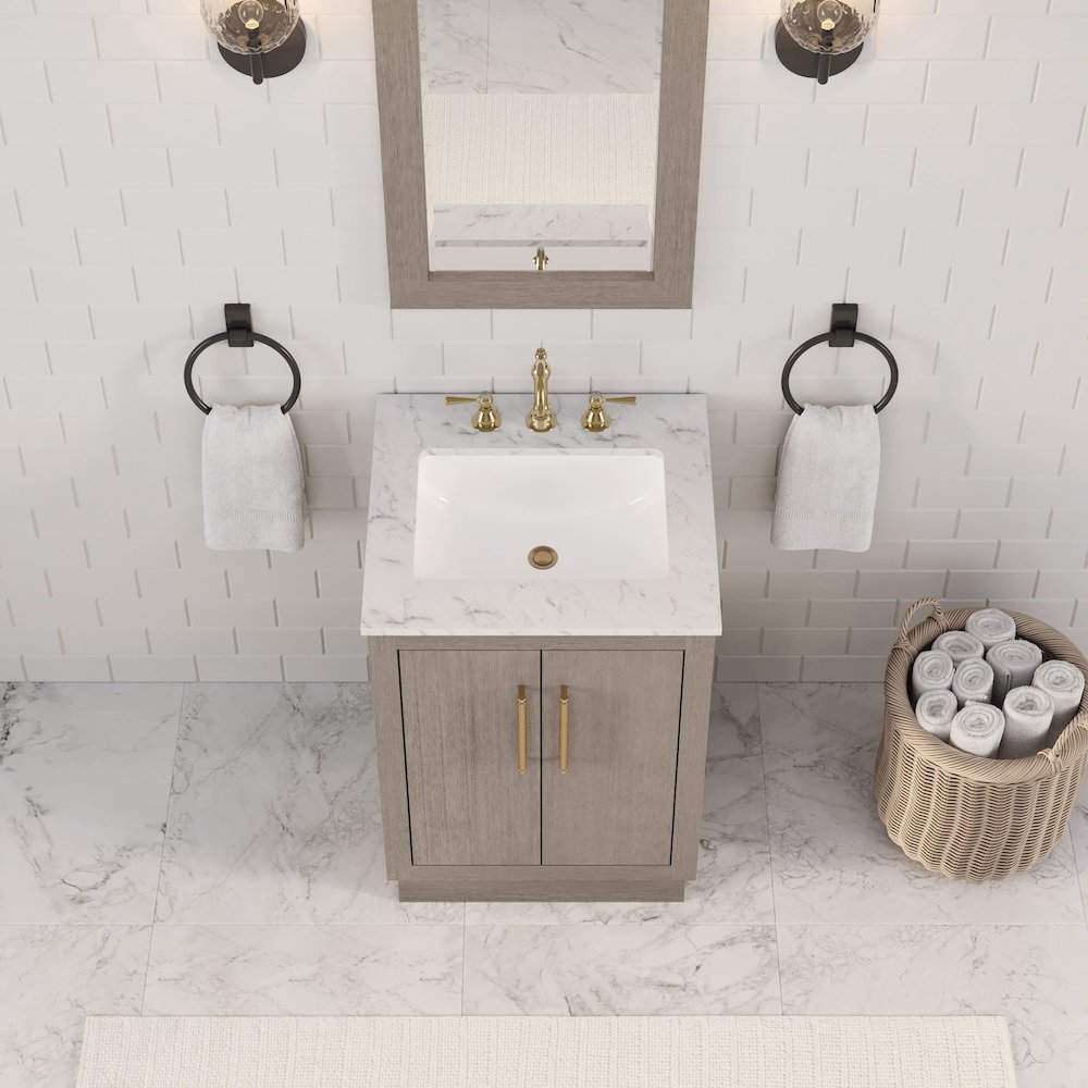 Hugo 24 In. Single Sink Carrara White Marble Countertop Bath Vanity in Grey Oak. Picture 11