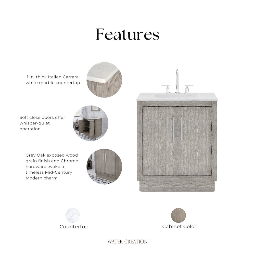 Hugo 30 In. Single Sink Carrara White Marble Countertop Bath Vanity in Grey Oak. Picture 12