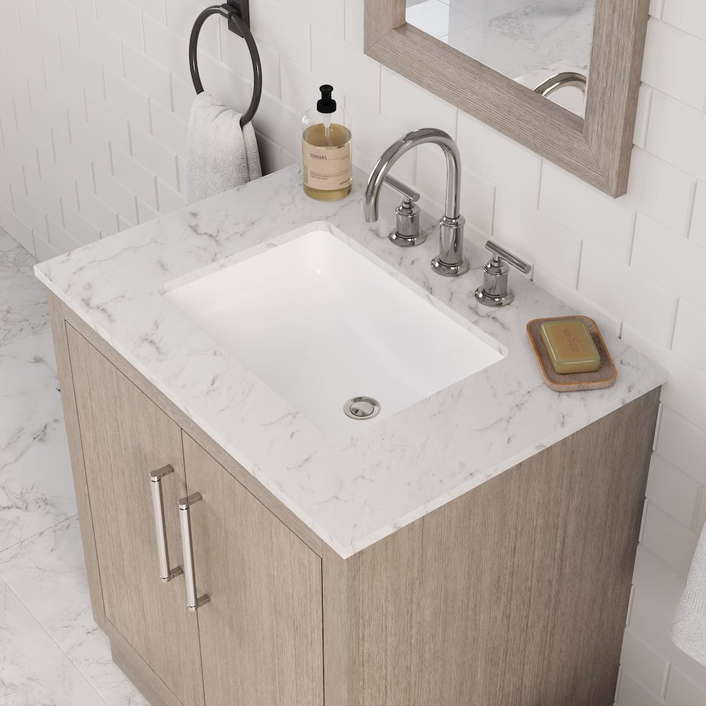Hugo 30 In. Single Sink Carrara White Marble Countertop Bath Vanity in Grey Oak. Picture 10
