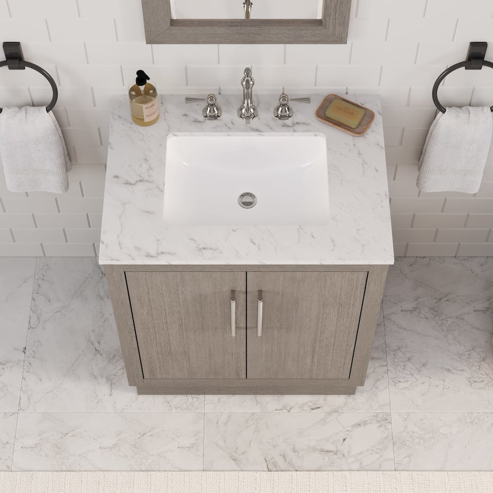 Hugo 30 In. Single Sink Carrara White Marble Countertop Bath Vanity in Grey Oak. Picture 11