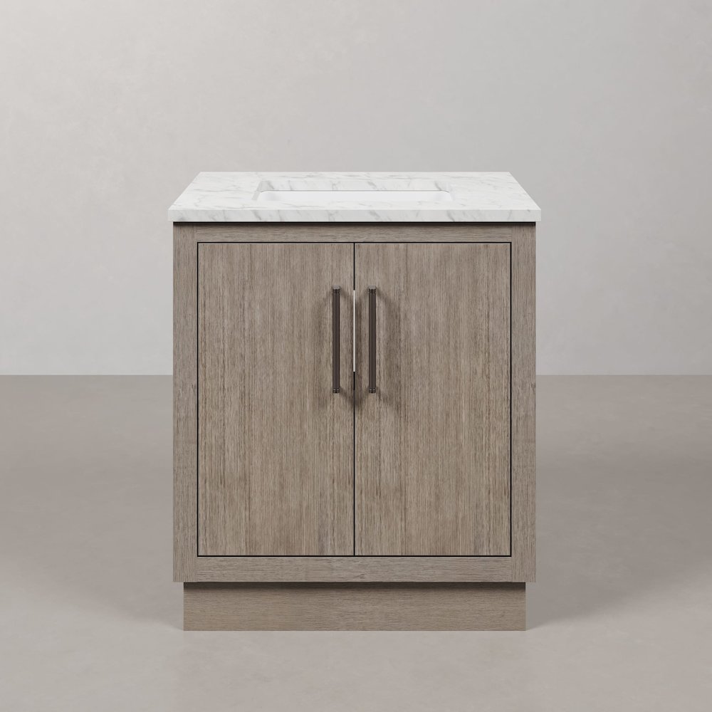 Hugo 30 In. Single Sink Carrara White Marble Countertop Vanity in Grey Oak. Picture 1