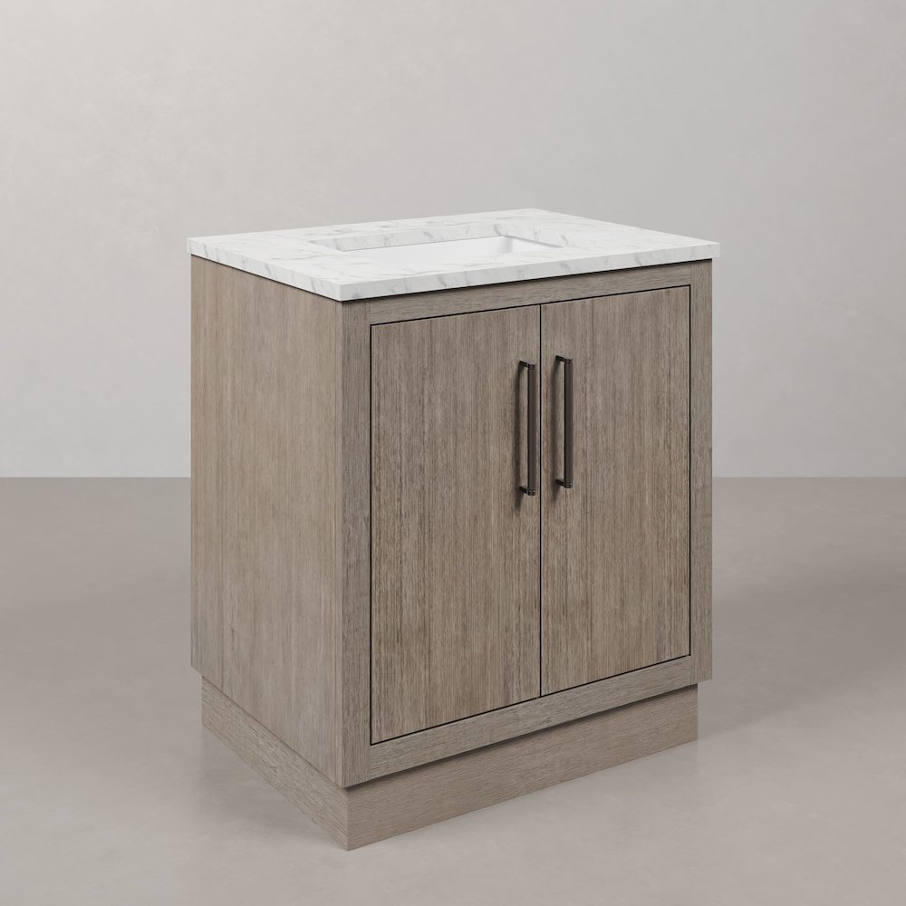 Hugo 30 In. Single Sink Carrara White Marble Countertop Vanity in Grey Oak. Picture 3