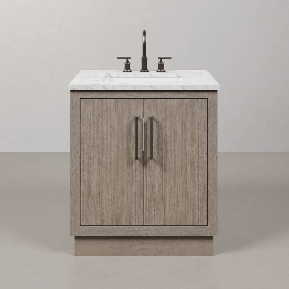 Hugo 30 In. Single Sink Carrara White Marble Countertop Vanity in Grey Oak. Picture 1