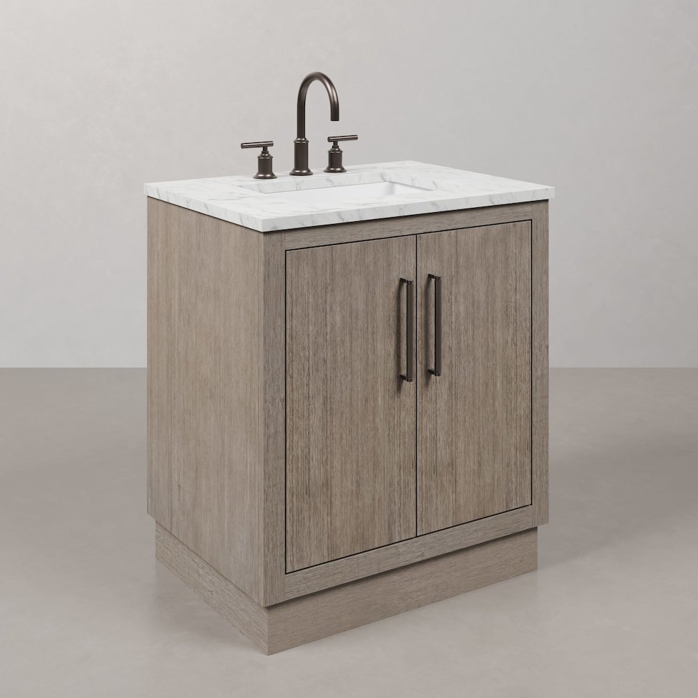 Hugo 30 In. Single Sink Carrara White Marble Countertop Vanity in Grey Oak. Picture 3