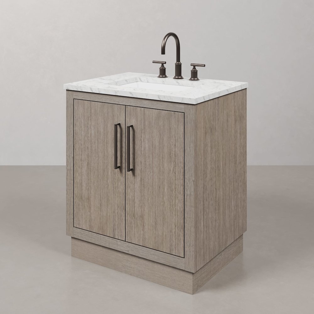Hugo 30 In. Single Sink Carrara White Marble Countertop Vanity in Grey Oak. Picture 4