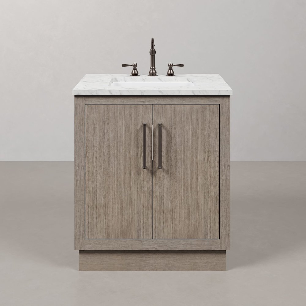 Hugo 30 In. Single Sink Carrara White Marble Countertop Vanity in Grey Oak. Picture 1