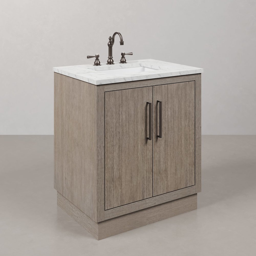 Hugo 30 In. Single Sink Carrara White Marble Countertop Vanity in Grey Oak. Picture 3