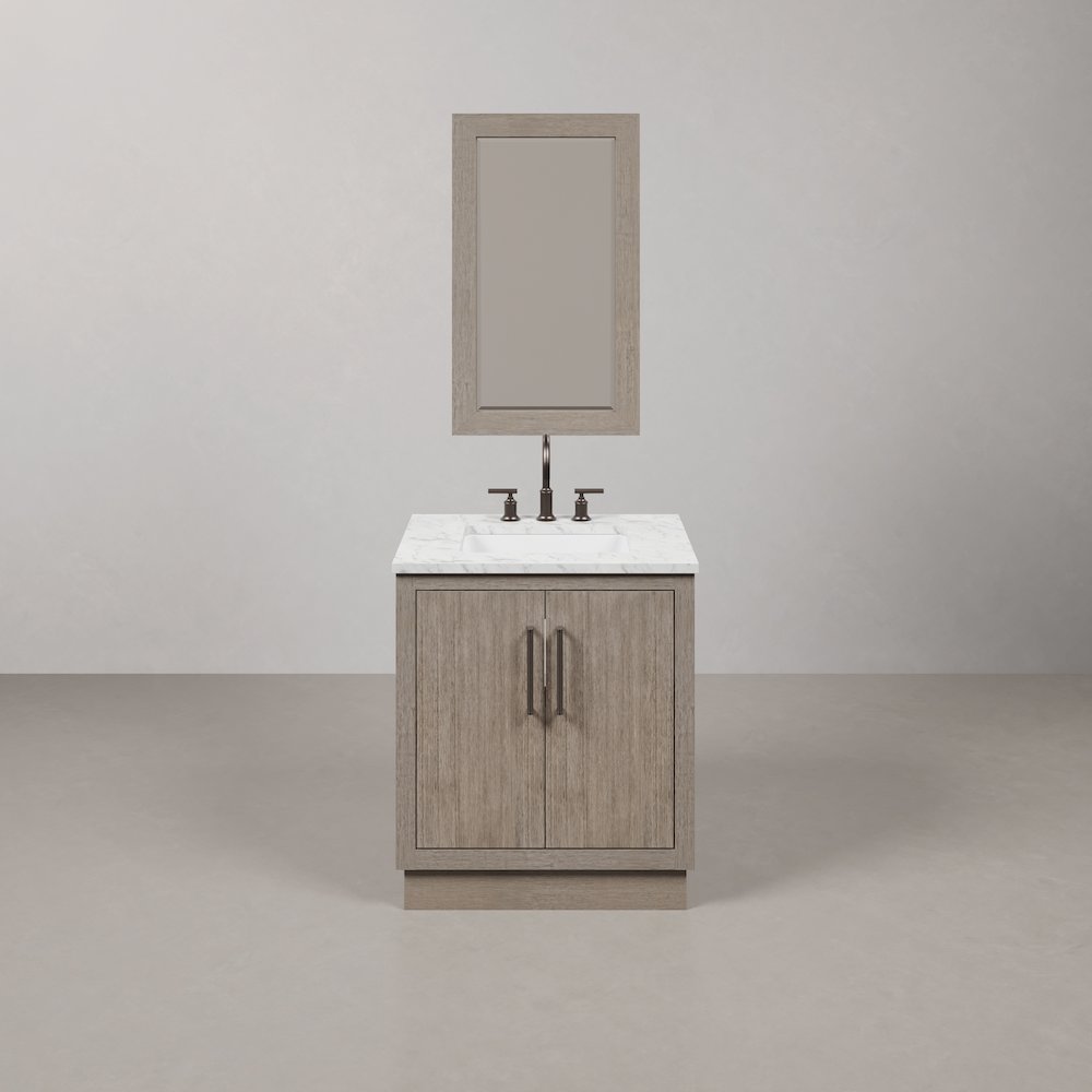 Hugo 30 In. Single Sink Carrara White Marble Countertop Vanity in Grey Oak. Picture 1