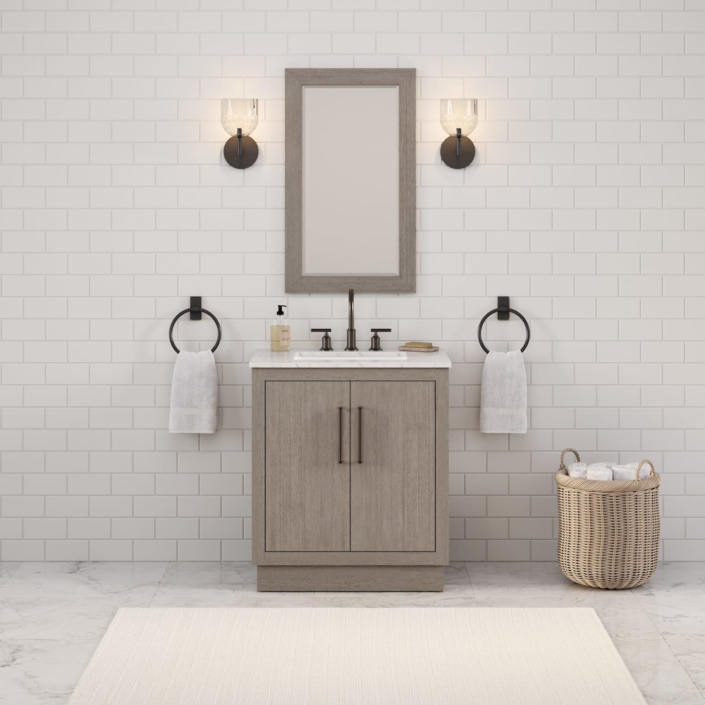 Hugo 30 In. Single Sink Carrara White Marble Countertop Vanity in Grey Oak. Picture 2