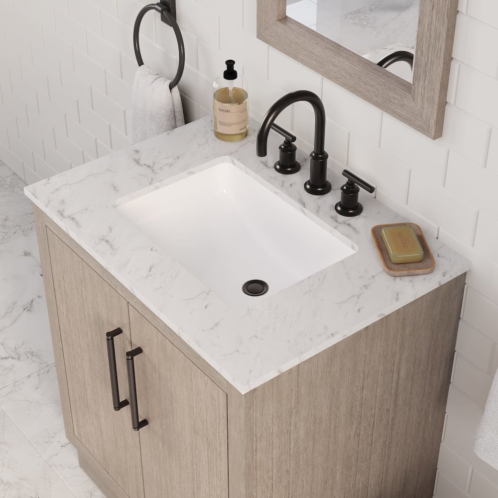 Hugo 30 In. Single Sink Carrara White Marble Countertop Vanity in Grey Oak. Picture 9