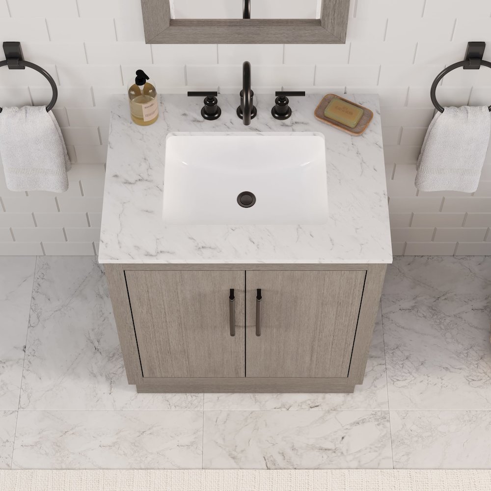 Hugo 30 In. Single Sink Carrara White Marble Countertop Vanity in Grey Oak. Picture 10